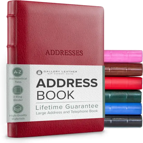 Gallery Leather Large Address Book with Alphabetical Tabs up to 480 records, Leather Notebook Hardcover, Telephone and Address Books - 9x7, Camden Red {1}