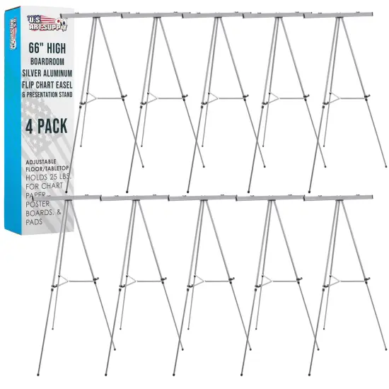 66" High Boardroom Classroom Silver Flip Chart Easel & Presentation Stand (10 Pack) - Adjustable Floor/Tabletop, Portable Tripod, Holds 25 lbs., for Chart Paper, Poster Boards, & Pads {1}
