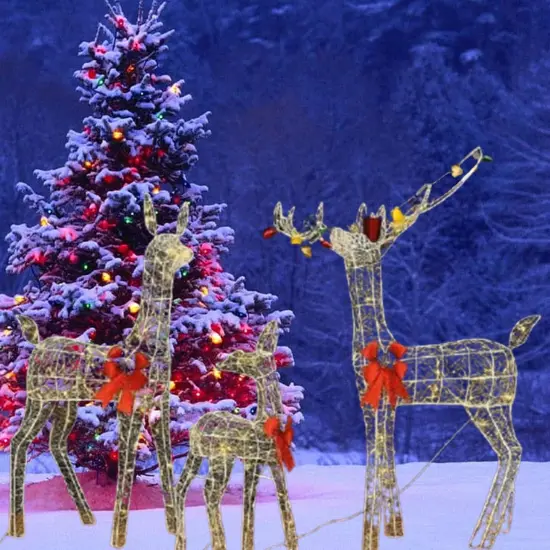 Prelit Outdoor Deer Family Trio with Iridescent PVC and Red Bows 52"+46"+29" {5}