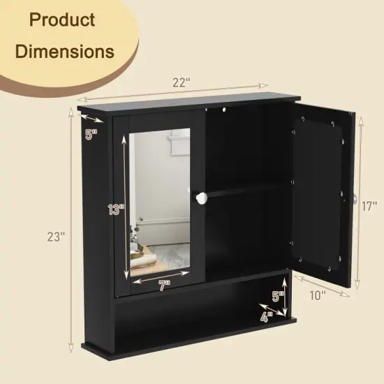 Wall Cabinet with Double Mirror Doors Adjustable Shelf Storage for Bathroom and Bedroom Black {5}