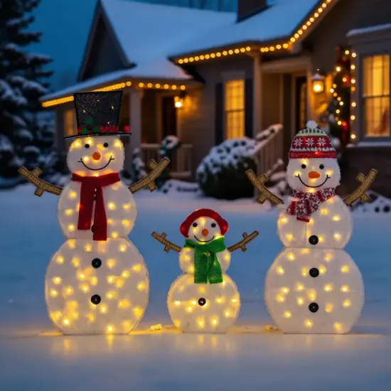 Set of Three Lighted 2D Snowmen 48-Inch, 42-Inch & 24-Inch Christmas Decorations {5}