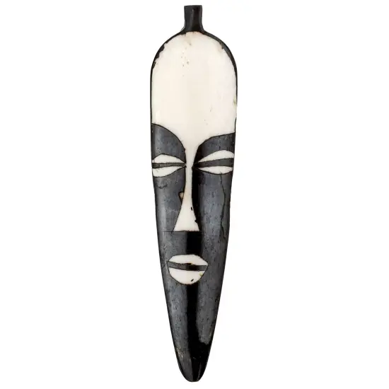The Bead Chest Elongated Mask Batik Bone Feather Pendant 100x22mm Kenya African Black and White Flat Handmade {1}