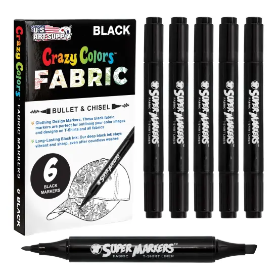 Super Markers Black Dual Tip Fabric & T-Shirt Markers, Set of 6 - Double-Ended Fabric Markers with Chisel Point and Fine Point Tips {1}