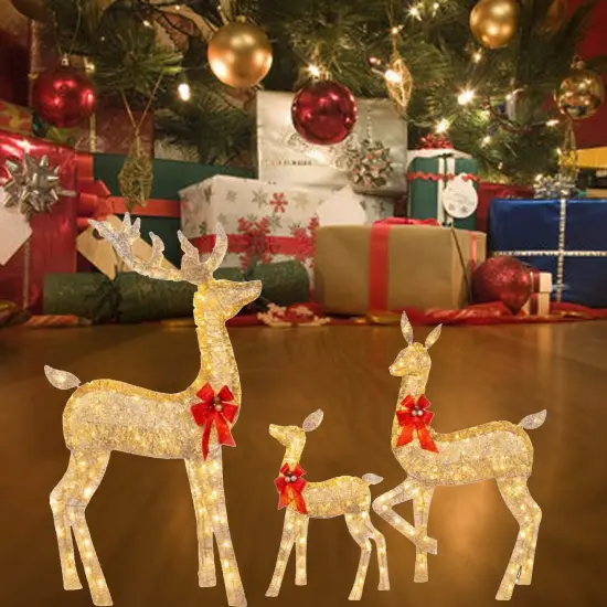 Premium Champagne Rattan Deer Trio with Red Bows for Holiday Decorating 63" + 52" + 37" {1}