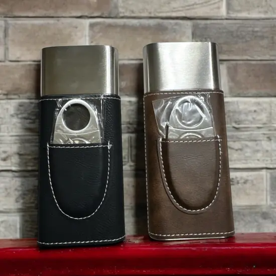 Cigar Case with Cutter - Pineapple - Leather Black/Silver {5}