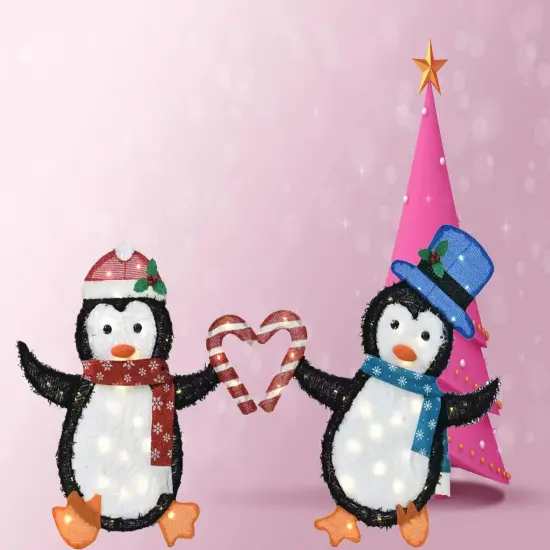 Set of Two Heart-Shaped Penguins Decorative Figurines Indoor Outdoor 30" & 32"H {1}