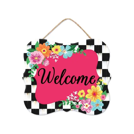 10" Scalloped Wooden Sign: Welcome Hot Pink Checker {1}