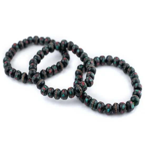 The Bead Chest Mala Stretch Bracelet, Dark Green - Stackable Nepal Bone Inlaid with Turquoise & Coral Colors, 100% Authentic and Genuine {3}