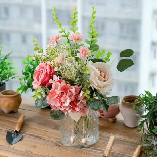 Fake Flowers with Vase, Pink Hydrangea Artificial Flowers in Vase Faux Rose Flowers Arrangement Suitable for Home Kitchen Living Room Fall Spring Decor Office Decoration, Centerpiece Table Decorations {1}