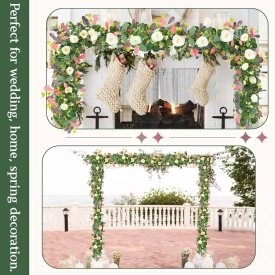 2 Pack 6.23Ft Artificial Eucalyptus Flower Garland with Flowers, Fake Rose Garland Greenery Garland Floral Vines for Wedding Spring Home Party Craft Art Table Runner Decor (Pink Leaves) {5}