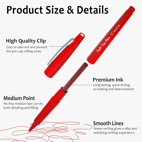 Felt Tip Pens, 30 Red Pack, 0.7mm Medium Point, Felt Tip Markers Pens for Journaling, Writing, Note Taking, Planner, Perfect for School Office and Art Supplies {2}
