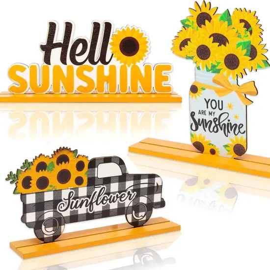 3pcs Sunflower Wooden Table Centerpiece Sign Decoration, Hello Sunshine Wood Tabletop Signs, Summer Farmhouse Tiered Tray Table Topper Signs Decor for Home Kitchen Party Favor Photo Props {1}