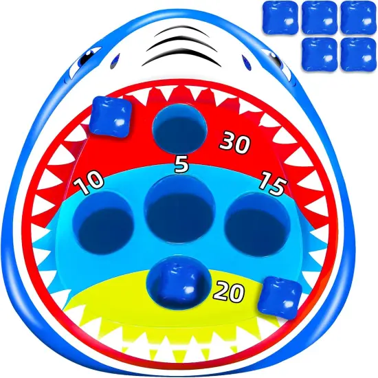 Inflatable Pool Shark Cornhole Game Set with Upgraded 5 Holes & 5 Bean Bags, Floating Swimming Pool Ring Toss Toys for Kids Adults Family for Summer Pool Party Beach Luau Game Water Carnival {1}