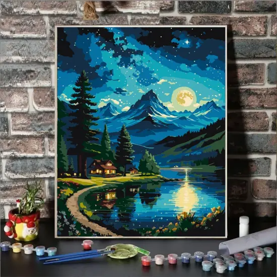 Mountain Paint by Numbers Kit for Adults Lakeside Cabin Adult Paint by Number Kits On Canvas Moon Night Oil Painting Kit for Beginners Adults Kits for Gift Home Wall Decor 16x20 Inch {2}