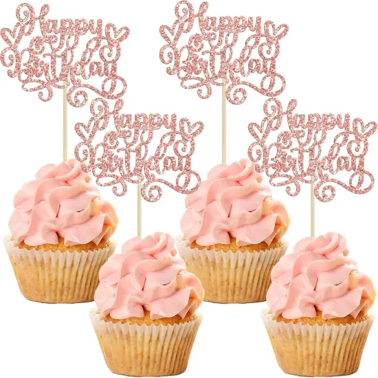24Pcs Happy Birthday Cupcake Toppers Glitter Happy Birthday Cupcake Picks for Celebrating Happy Birthday Anniversary Theme Party Cake Decorations Supplies Rose Gold {1}