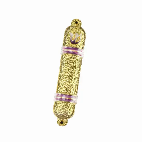 Metal Mezuzah Case Gold with Pink / Blue Lines {1}