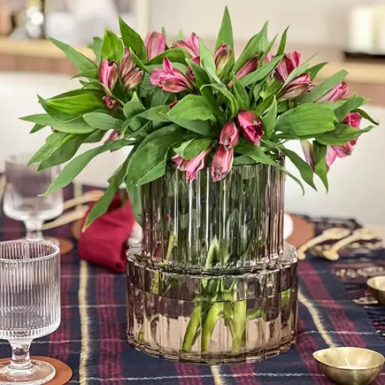 Wide Neck Short Amber Ribbed Glass Vase {3}