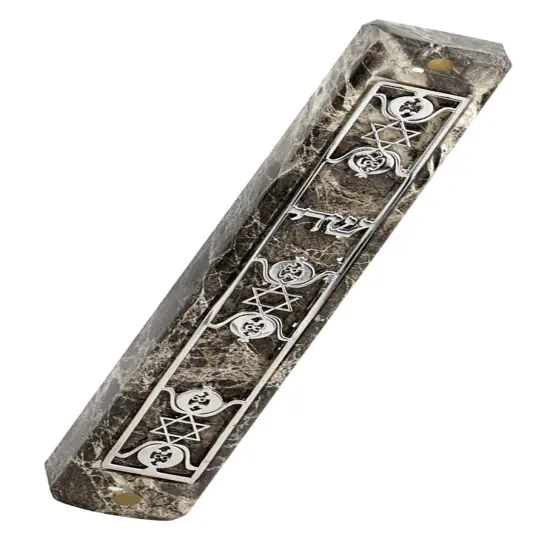 Marble Mezuzah Case with Metal Three Stars Decoration on Plate Silver {2}