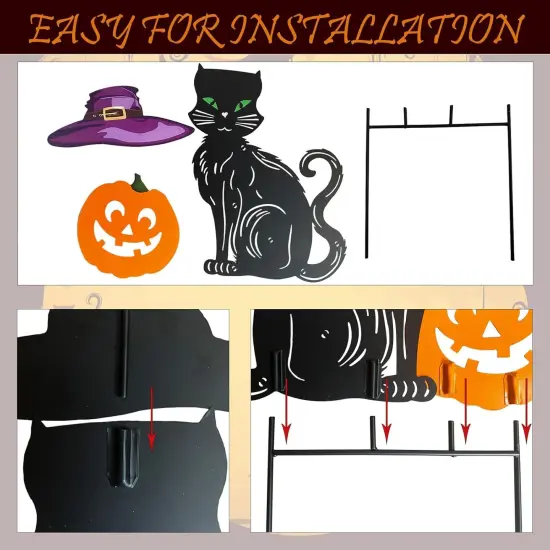 Metal Black Cat Halloween Garden Stakes,Silhouette Statues with Witch Hats {3}