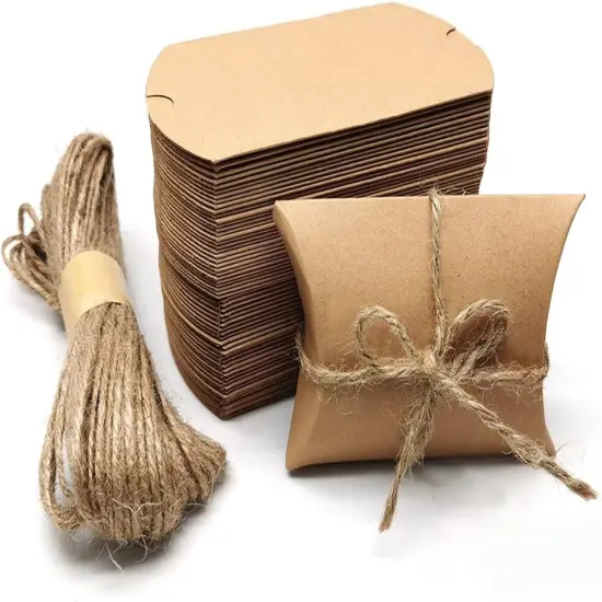 Kraft Paper Pillow Candy Box, Foldable Gift Box with Jute Rope for Weddings, Parties, Birthdays, Holidays, 60 Pcs {1}
