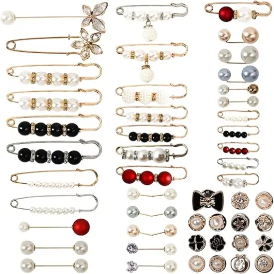 50 Pcs Pearl Brooch Safety Pins for Clothes Dress Jeans Pants Skirt Faux Pearl Rhinestones Tightener Safety Pins for Women Waist Decoration Accessories Sock Charms Pins {1}