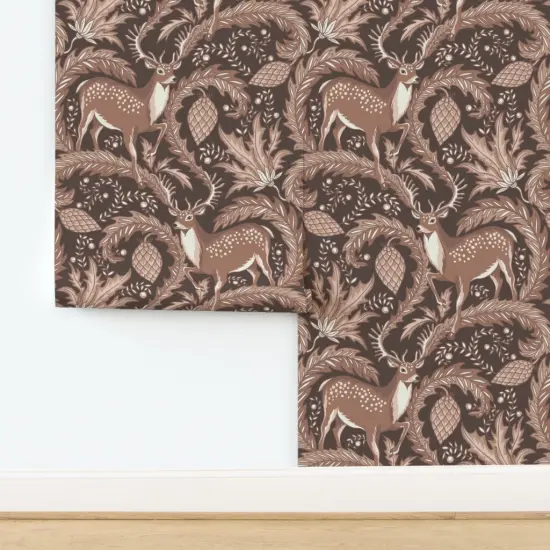 Peel & Stick Wallpaper 2FT Wide Flower Brown Floral Deer Christmas Plants Neutral Monochromatic Animal Print Magical Fairytale Cone Northern Earth Tone Custom Removable Wallpaper by Spoonflower {2}