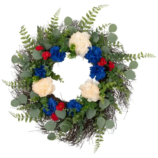 Northlight Americana Mixed Foliage and Florals Artificial Patriotic Wreath - 24"- Unlit Red {3}
