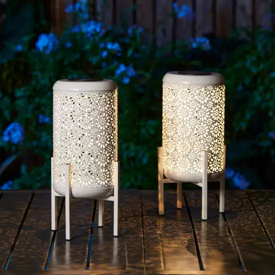 Set of 2 14.25"H Metal Cutout Flower Pattern Solar Powered LED Outdoor Lantern with Stand 2pcs White {10}