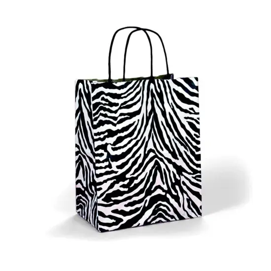 Printed Paper Shopping Bags with Brown Interior Compact 6" x 3 1/4" x 8 3/8" {1}