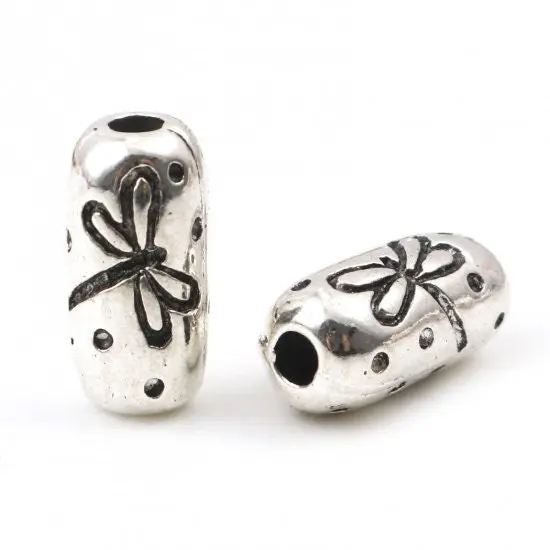 *10* 15x7mm Antique Silver Dragonfly Cylinder Beads {4}