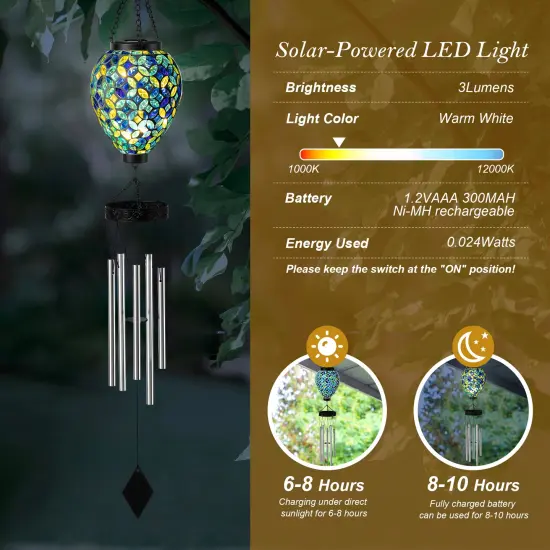 Set of 2 37"H Solar Lighted Metal and Glass Mosaic Windchime 2pcs-Multicolor {5}