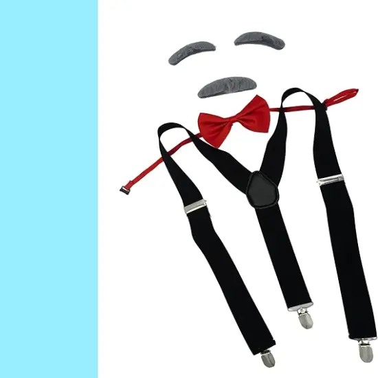 4E's Novelty Old Man Costume for Kids Boys 100th Days of School Includes Suspenders, Gray Stick On Moustache & Eyebrows, Bow Tie. Grandpa Costume Accessory {5}