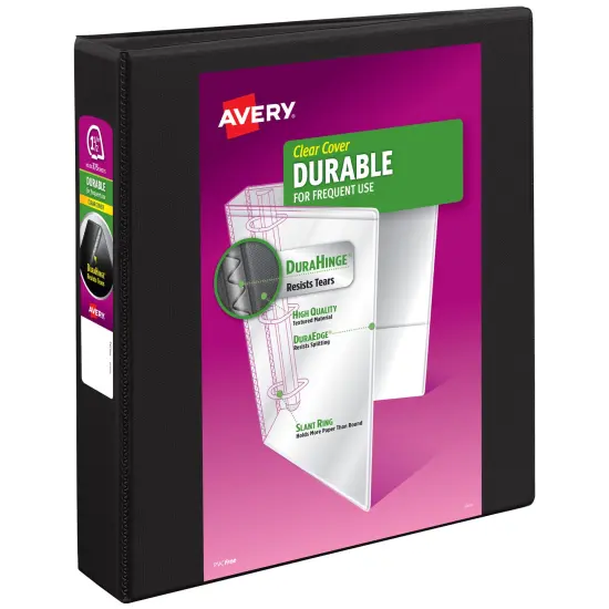 Avery Durable View 3 Ring Binders, 1.5 Inch Slant Rings, 375-Sheet Capacity, DuraHinge, 2.1 Inch Wide Spine, Customizable Clear Covers and Spine, 1 Black Binder (17021) {1}