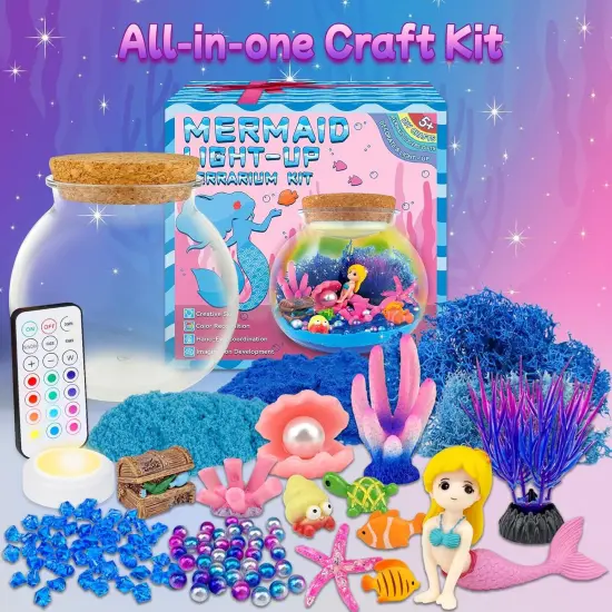Mermaid Terrarium Craft Kit for Kids - LED Night Light Up & Remote Mermaid Birthday Gifts Toys for Girls Age 5 6 7 8 9 10 11 12 Year Old {4}