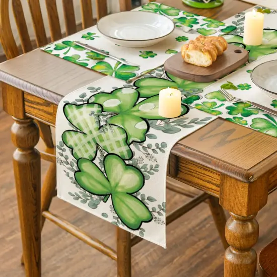 Artoid Mode Clover Shamrocks Eucalyptus Buffalo Plaid St.Patrick's Day Table Runner, Seasonal Kitchen Dining Table Runner for Home Party Decor 13x72 Inch {5}
