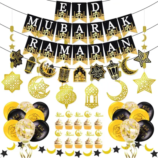 AhfuLife Ramadan Mubarak Decorations, Eid Decorations for Home - Preassembled Ramadan Eid Mubarak Banners, 16 Pcs Eid Balloons, 6 Pcs Islamic Star Moon Lantern Garland Streamer, 10 Pcs Cupcake Toppers {1}