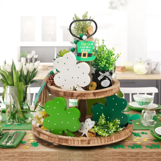 AKEROCK St Patricks Day Decor, Wooden Shamrock Decor for Table, Tiered Tray, Office Desk, Mantle Saint Patricks Day Decorations for the Home, 4 PCS Shamrock Decorations {6}