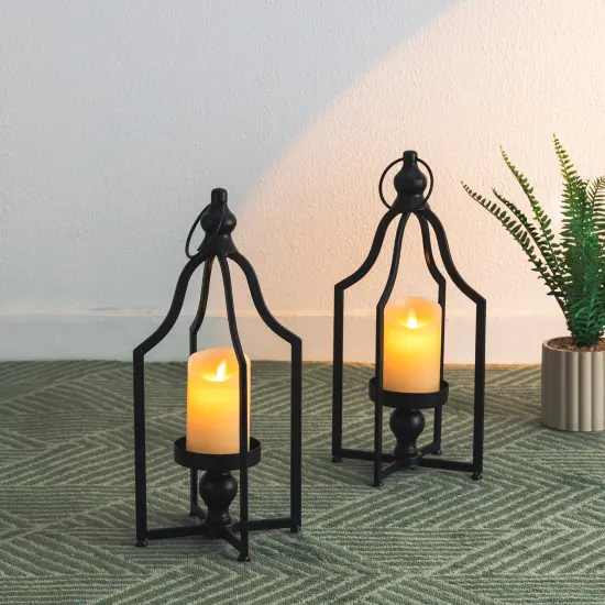 Set of 2 Modern Black Metal Foldable Lanterns Spring Wedding Hanging Candle Holders {8}