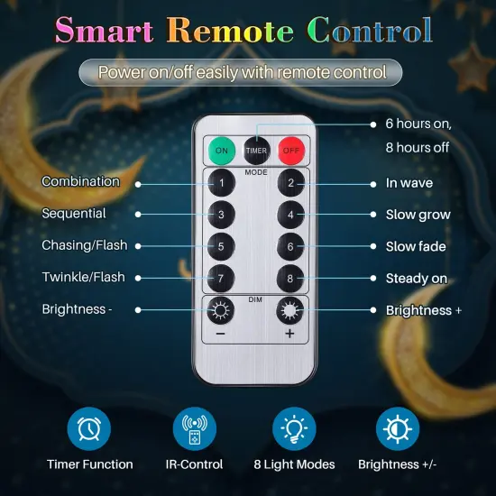 1 Pack 16 ft Moon Star Ramadan String Lights 30 LEDs, Battery Operated Eid Mubarak Fairy Lights for Ramadan Decoration, Eid Decorative Lights with Remote Control (Colorful) {2}