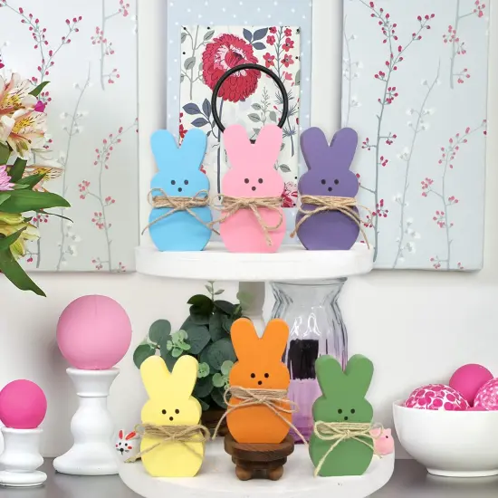 DAZONGE Easter Decorations - 6PCS Wood Bunny Peeps Easter Tiered Tray Decor Signs - Easter Shelf Sitter - Easter Decor for the Home - Spring Wood Decor {6}