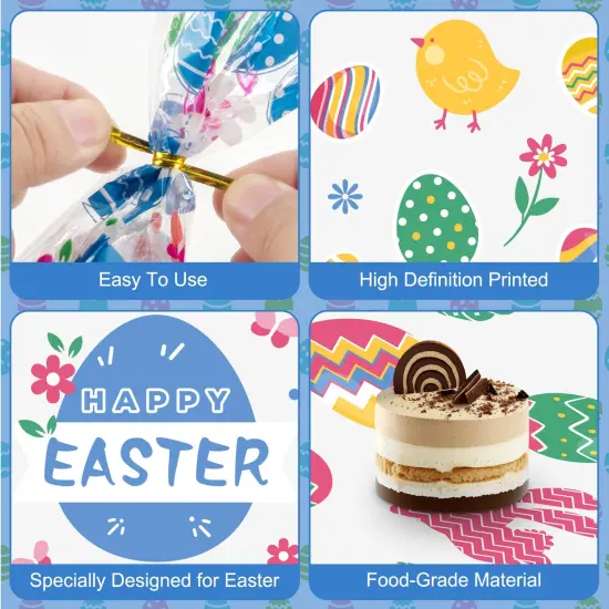 100 Pcs Easter Treat Bags - Happy Easter Gift Bags, Easter Eggs Plastic Cellophane Bag, Clear Colorful Easter Bunny Goodie Candy Favor Bags with Gold Twist Ties for Easter Party Favors Supplies {4}