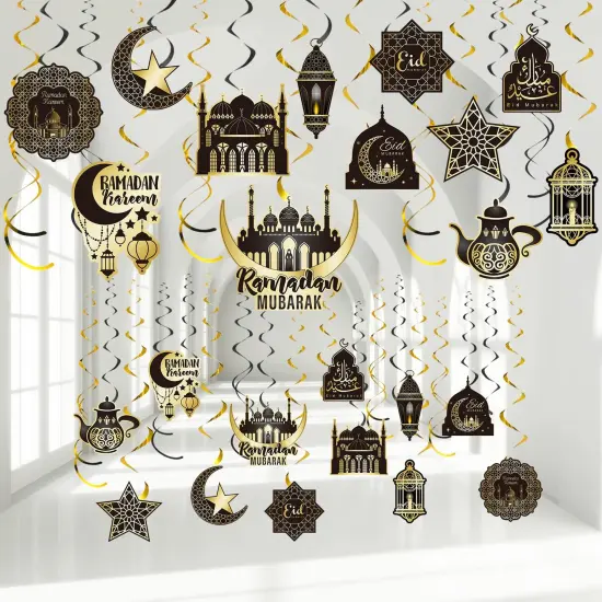 30 Pieces Ramadan Hanging Swirl Decorations, Eid Mubarak Ramadan Ceiling Decorations for Home, Foil Hanging Swirl Streams Eid Kareem Theme Decorations for Muslim Ramadan Party Supplies {1}
