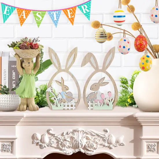 2Pcs Easter Decorations for the Home Farmhouse Rustic Wooden Bunny with Egg Easter Tiered Tray Decor Happy Spring Decoration for Indoor Home Party Easter Tabletop Decoration Easter Gifts for Kids {5}