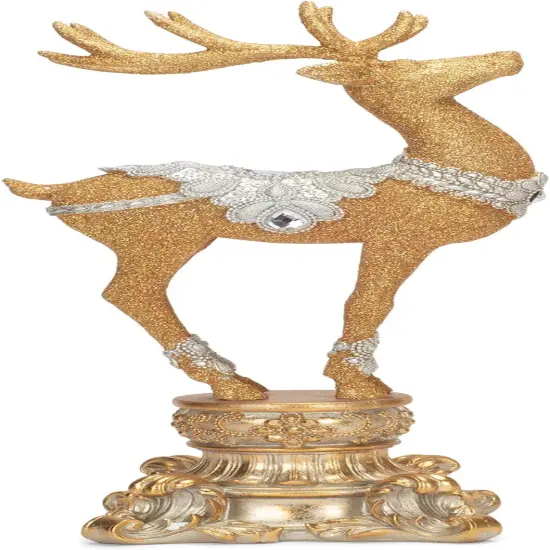 18" Resin Jeweled Old World Deer on Pedestal: Elegant Christmas Decoration with Vintage Charm {1}