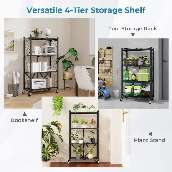 4-Tier Black Fold-able Storage Shelf Collapsible Storage Rack with Lockable Wheels {6}