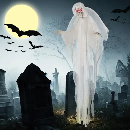 8.3 ft White Halloween Standing Haunted Angel with Lighted Eyes and Automatic Wing Movement {2}
