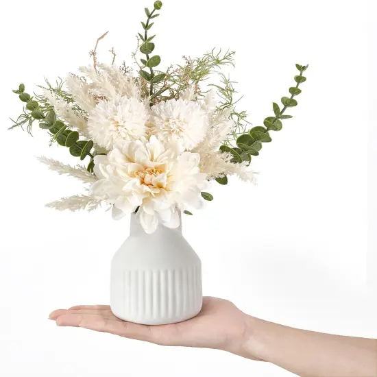 Small Artificial Flowers in Ceramic Vase 13.5" Centerpieces Coffee Table Decor, Silk Flower Arrangements for Home Decor Indoor Fake Flower Bouquet for Dining Room Kitchen Wedding, White {4}