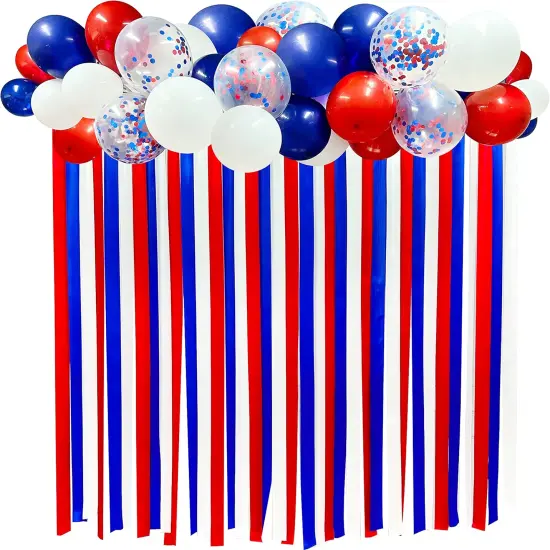 Red Blue White Party Decorations Ribbon Fabric Fringe Hanging Curtain Streamer Backdrop Balloon Garland for 4th of July American Independence Day USA National Day Patriotic Birthday Graduation Wedding {1}