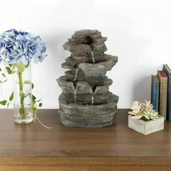 Tabletop Water Fountain LED Lights Cascading Stone Rock Falls 15.5 Inches High {4}