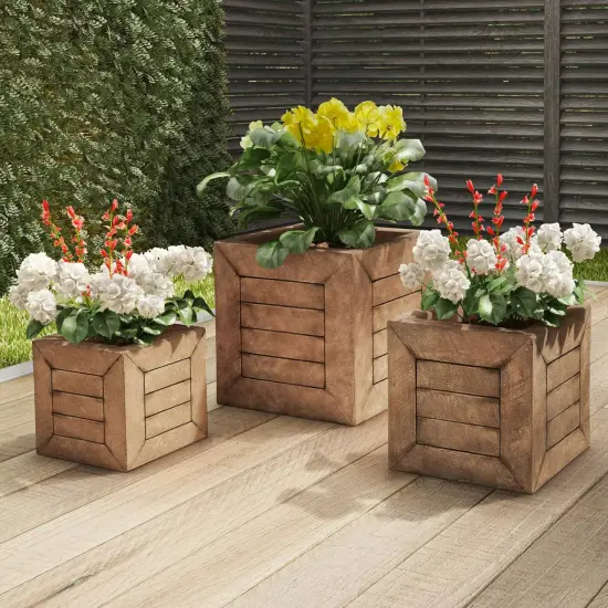 Square Fiber Clay Planter Set 3-Piece Varying Height Rustic Wood Look {1}